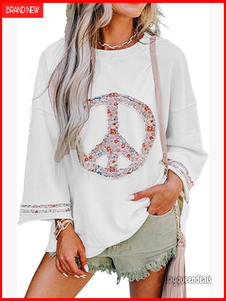 Oversized Drop Shoulder Crewneck Sweatshirt Floral Peace Symbol Pullover